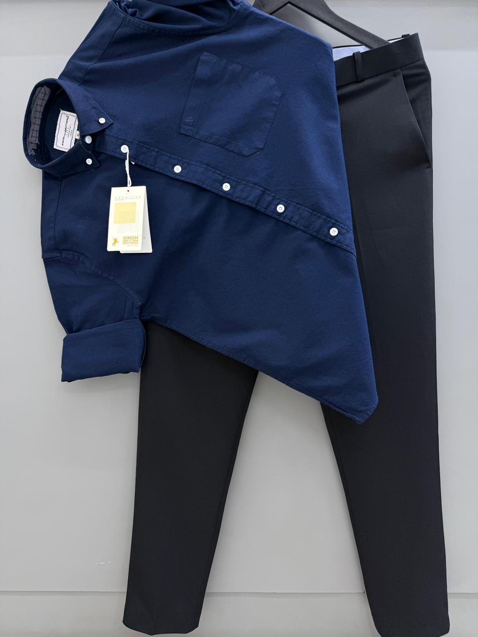 Navy Blue Cotton Oxford Shirt With Black Formal Pant