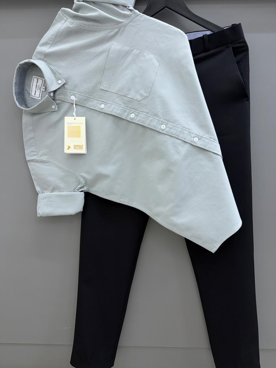 Light grey cotton oxford shirt with black formal pant